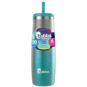 Bubba Radiant straw tumbler, 709 ml (24 fl oz), keeps drinks cold for 20 hours and hot for 6 hours, includes a teal straw and lid.