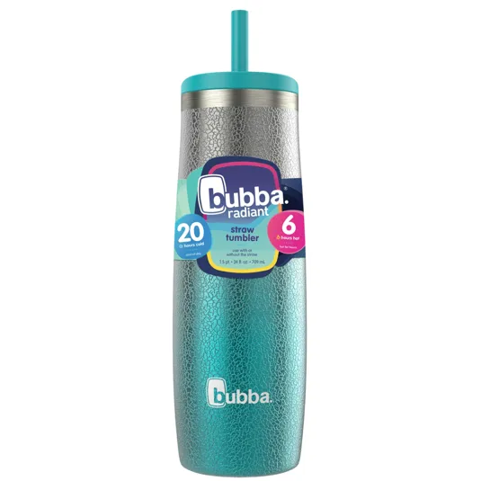 Bubba Radiant straw tumbler, 709 ml (24 fl oz), keeps drinks cold for 20 hours and hot for 6 hours, includes a teal straw and lid.