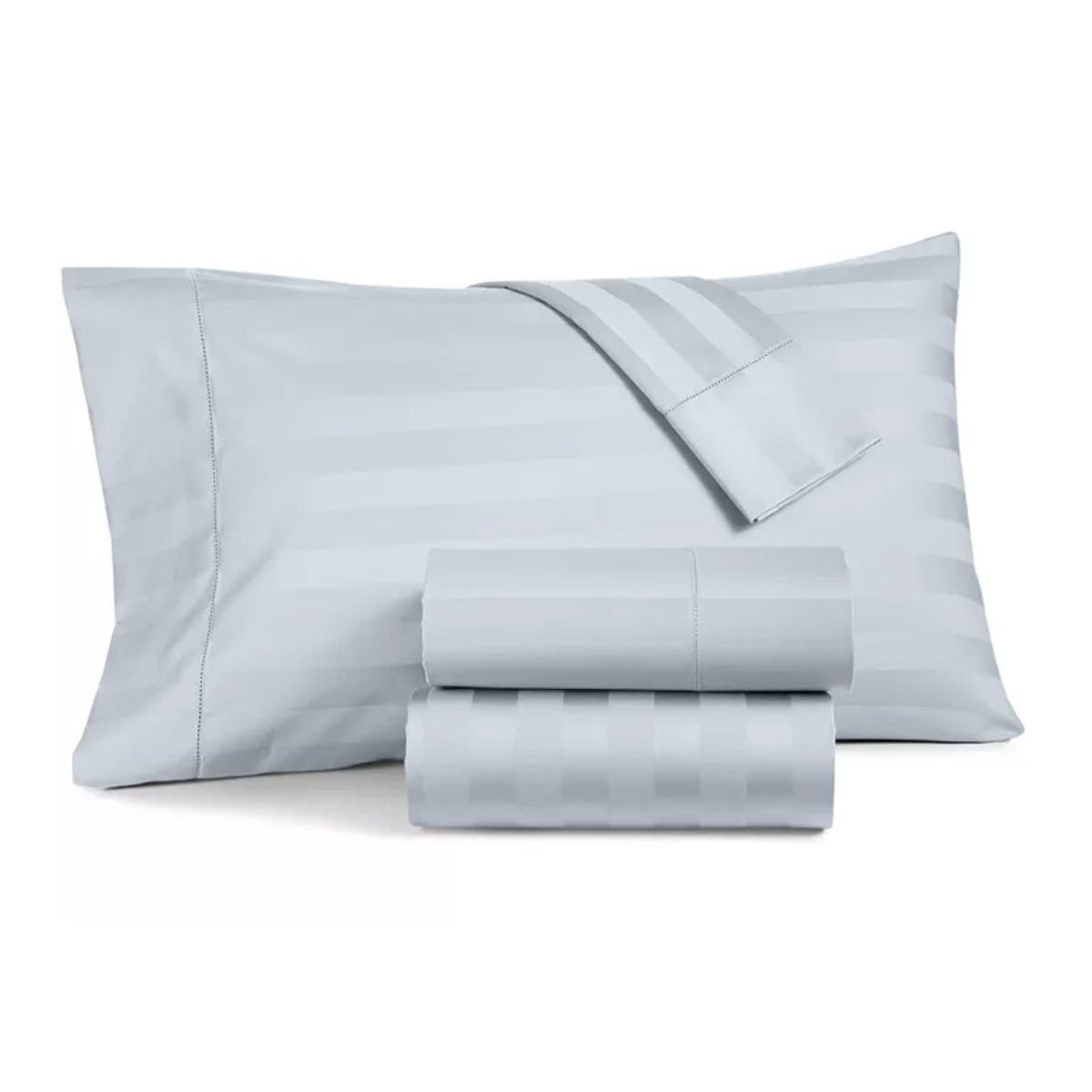 Light blue striped bed sheet set, including two folded sheets and a pillowcase.