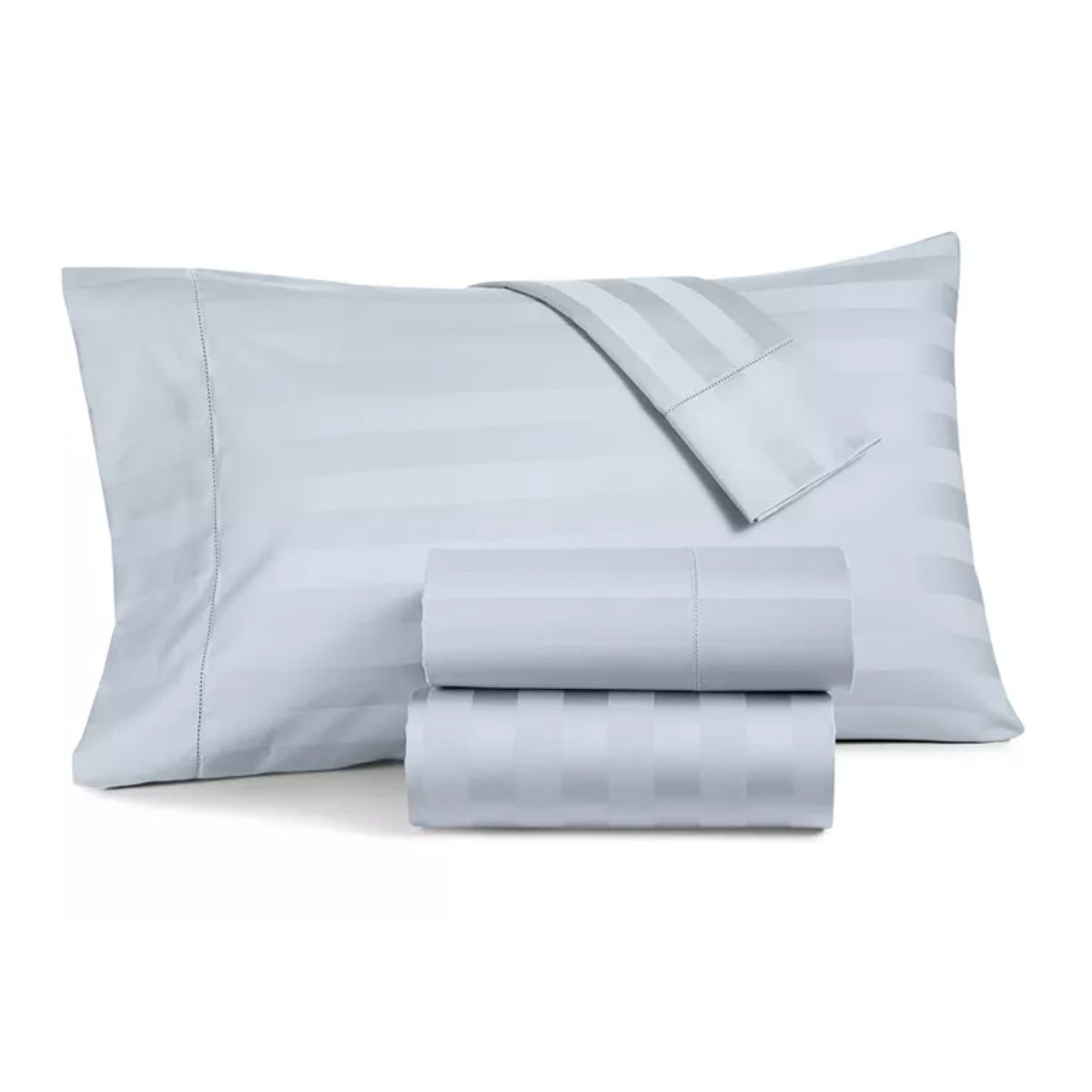Light blue striped bed sheet set, including two folded sheets and a pillowcase.