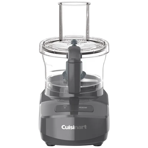 A Cuisinart food processor with a clear bowl and feed chute, equipped with control switches labeled \“ON\“ and \“PULSE/OFF.\“