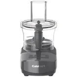 A Cuisinart food processor with a clear bowl and feed chute, equipped with control switches labeled \“ON\“ and \“PULSE/OFF.\“