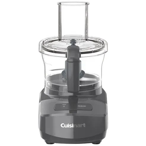 A Cuisinart food processor with a clear bowl and feed chute, equipped with control switches labeled \“ON\“ and \“PULSE/OFF.\“
