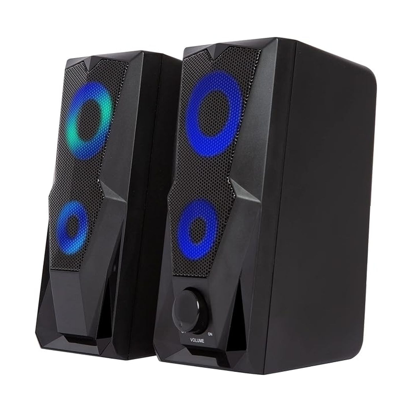 Black computer speakers with dual blue LED light rings, mesh fronts, and a volume control knob on the right speaker.