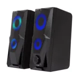 Black computer speakers with dual blue LED light rings, mesh fronts, and a volume control knob on the right speaker.