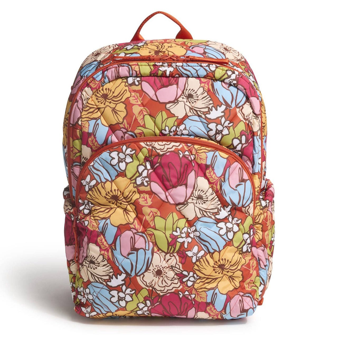 A quilted backpack featuring a colorful floral pattern with large compartments and side pockets, designed for both style and functionality.