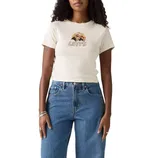 A woman wearing a cream Levi's graphic T-shirt paired with high-waisted blue jeans.