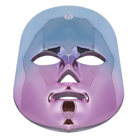 A shiny, metallic facial LED mask with a gradient of blue to purple, designed for skincare purposes.