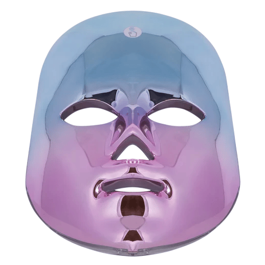 A shiny, metallic facial LED mask with a gradient of blue to purple, designed for skincare purposes.