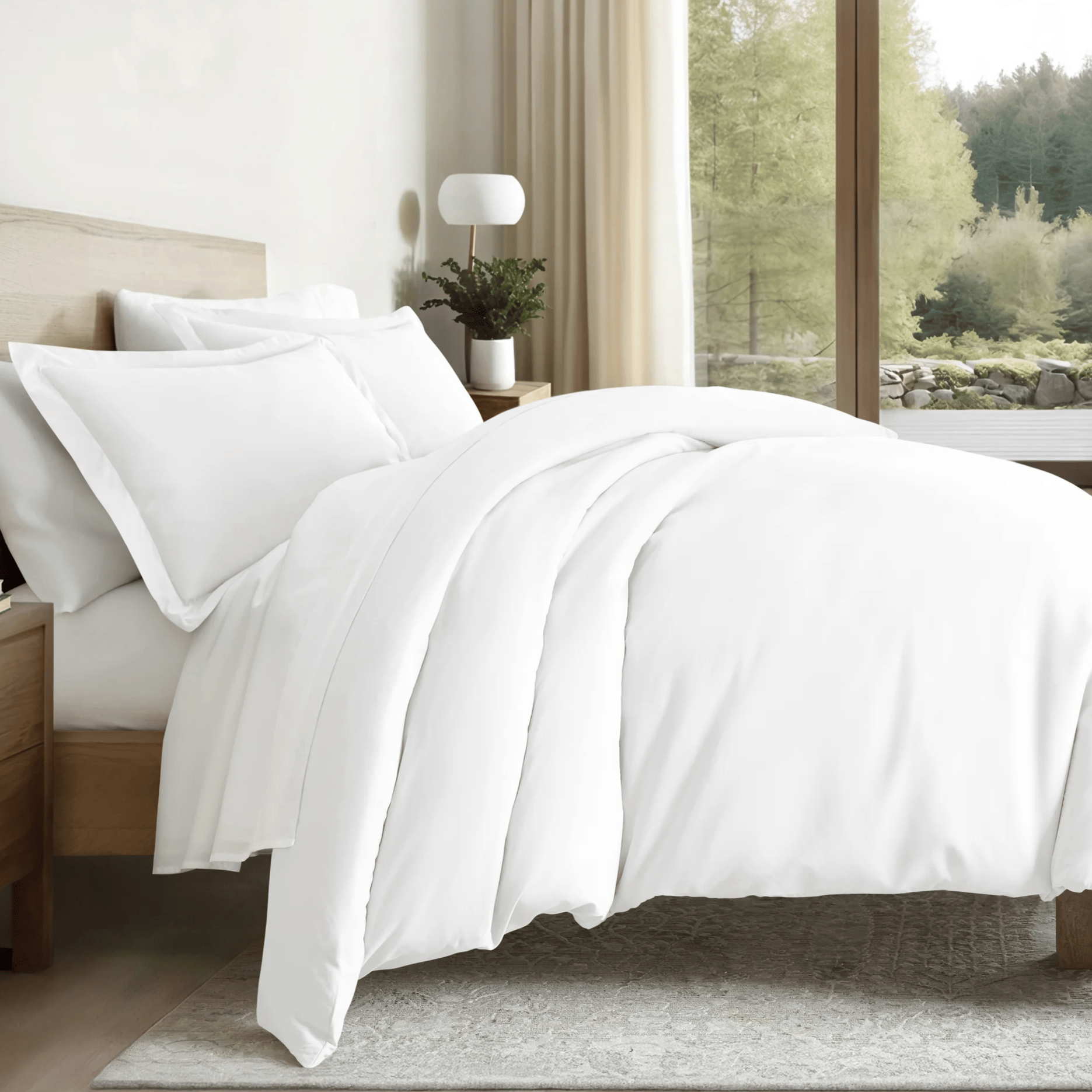 A neatly made bed featuring a white duvet cover, two white pillows, and a wooden headboard, with a small wooden bedside table and a potted plant next to it. Large window with a scenic view of trees in the background.