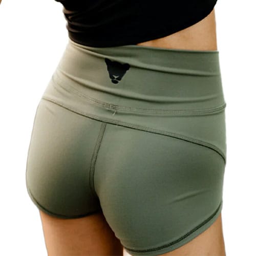 High-waisted olive green athletic shorts with a black logo on the back waistband, designed for a snug fit.