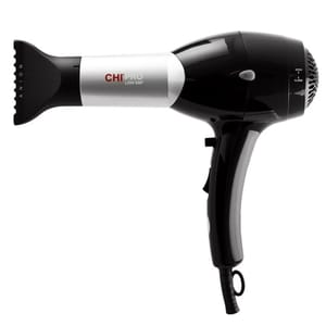 A black and silver hairdryer with a nozzle attachment, labeled \“CHI PRO Low EMF ANION\“.