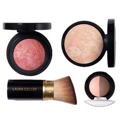 Makeup set featuring a pink blush, powder foundation, duo eyeshadow, and a makeup brush labeled \“Laura Geller.\“