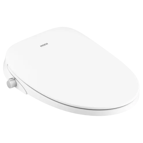 A white Moen toilet seat with an oval design and an integrated control knob on the side.