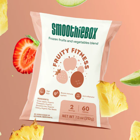 SmoothieBox Fruity Fitness is a frozen fruit and vegetable blend featuring strawberries, pineapples, and apples. It offers high fiber, boosts the immune system, and is anti-inflammatory, with two servings and 60 calories per pack. No added sugars.