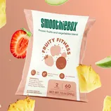 SmoothieBox Fruity Fitness is a frozen fruit and vegetable blend featuring strawberries, pineapples, and apples. It offers high fiber, boosts the immune system, and is anti-inflammatory, with two servings and 60 calories per pack. No added sugars.