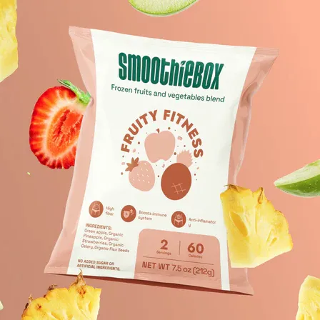 SmoothieBox Fruity Fitness is a frozen fruit and vegetable blend featuring strawberries, pineapples, and apples. It offers high fiber, boosts the immune system, and is anti-inflammatory, with two servings and 60 calories per pack. No added sugars.