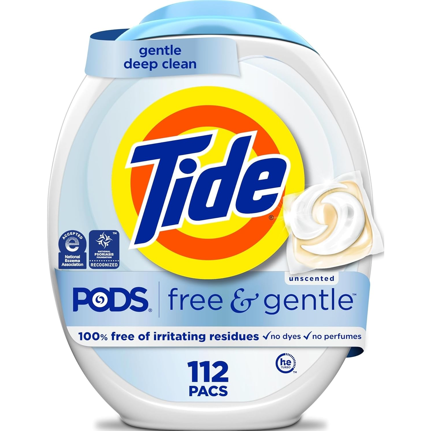 Tide PODS Free & Gentle, unscented laundry detergent, provides 112 packs with a focus on gentle deep cleaning and is free of dyes and perfumes.