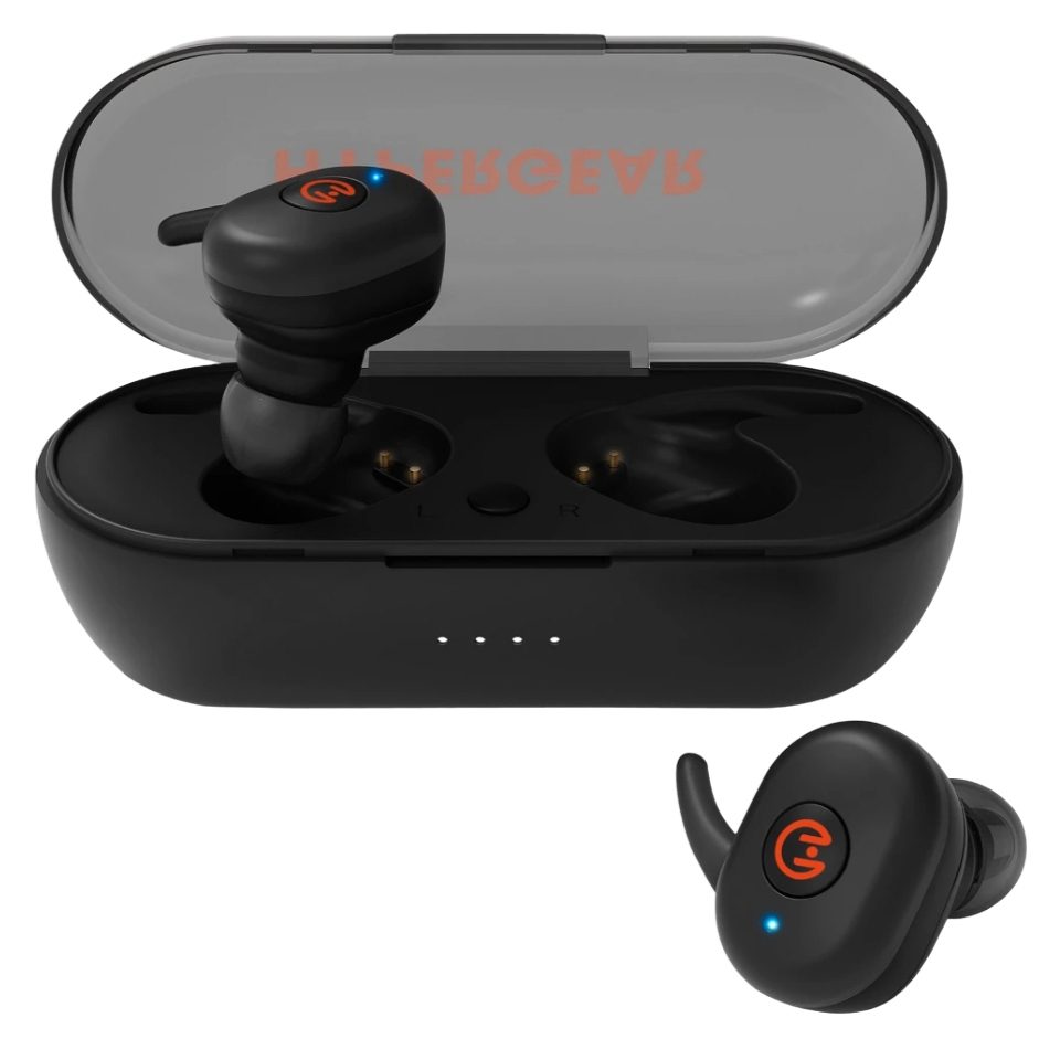HyperGear Wireless Earbuds feature a black charging case with a transparent lid, containing two compact earbuds. They have a distinctive design with a visible logo and a small blue LED indicator light on each earbud.