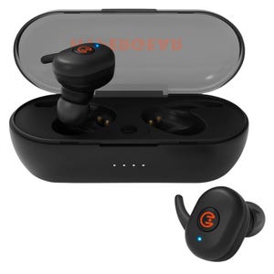HyperGear Wireless Earbuds feature a black charging case with a transparent lid, containing two compact earbuds. They have a distinctive design with a visible logo and a small blue LED indicator light on each earbud.