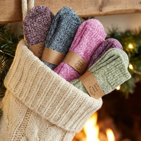A cream knit stocking hangs by a fireplace, filled with four pairs of colorful socks in black, pink, purple, and green hues, each wrapped with brown paper bands.