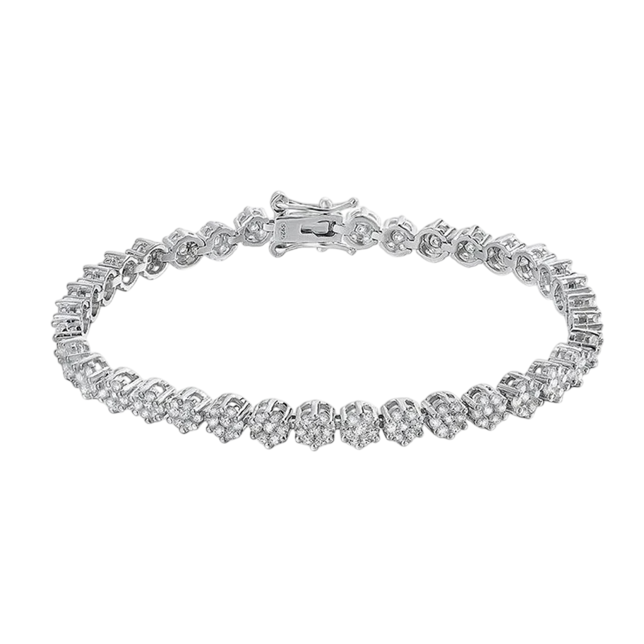 A white gold tennis bracelet featuring a continuous line of round-cut diamonds, secured with a clasp.