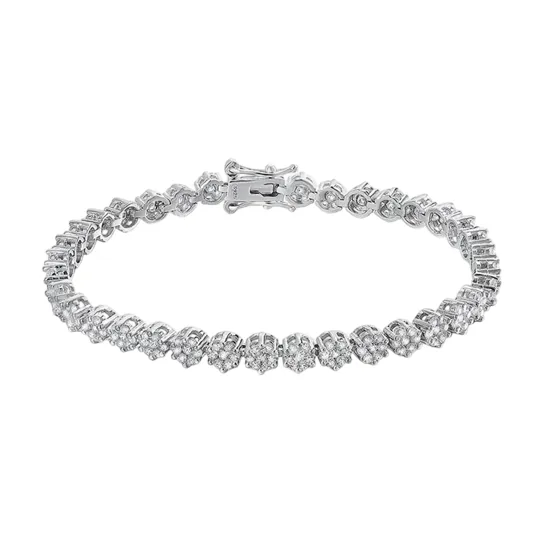 A white gold tennis bracelet featuring a continuous line of round-cut diamonds, secured with a clasp.