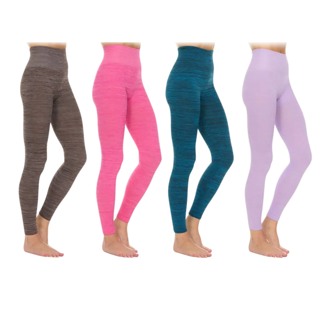 4pk High-Waist Leggings in four colors: brown, pink, teal, and purple. Made of a stretchable, textured fabric, they provide a seamless, snug fit ideal for casual wear or workouts.