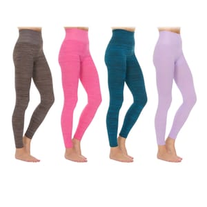 4pk High-Waist Leggings in four colors: brown, pink, teal, and purple. Made of a stretchable, textured fabric, they provide a seamless, snug fit ideal for casual wear or workouts.