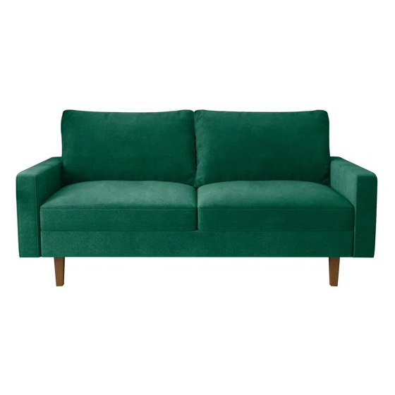 A green velvet couch with a modern design, featuring two seat cushions, two back cushions, and wooden legs. It measures 71 inches in length.