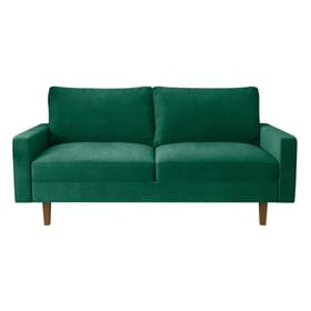 A green velvet couch with a modern design, featuring two seat cushions, two back cushions, and wooden legs. It measures 71 inches in length.
