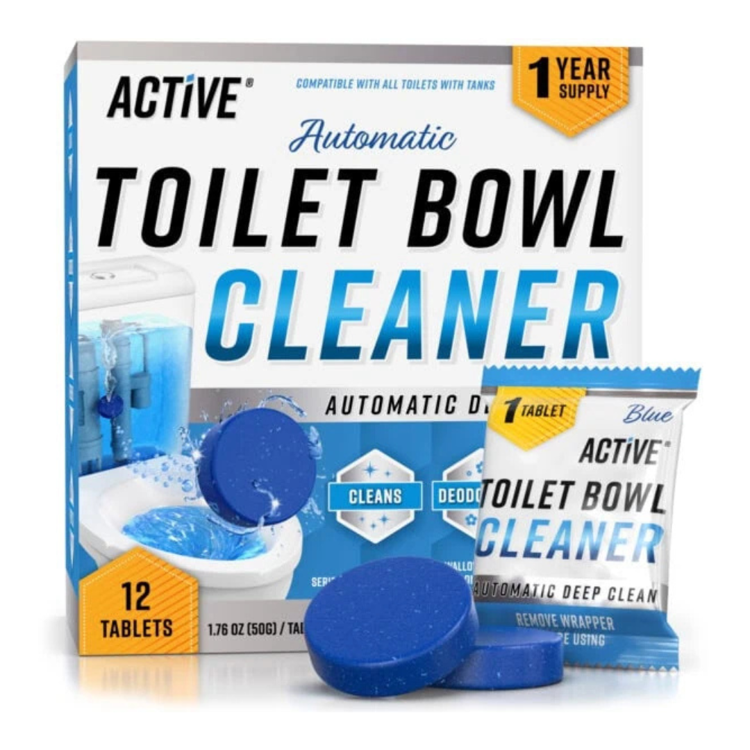 Active Automatic Toilet Bowl Cleaner featuring 12 blue cleaning tablets designed for automatic deep cleaning, compatible with all toilets with tanks, providing a one-year supply.
