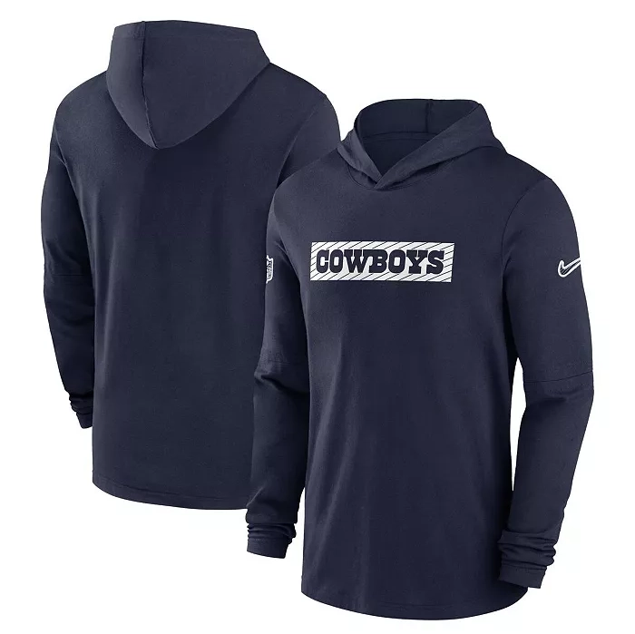 Navy blue pullover hoodie featuring the word \“COWBOYS\“ in white with a logo stripe, and a small Nike swoosh on the right chest.