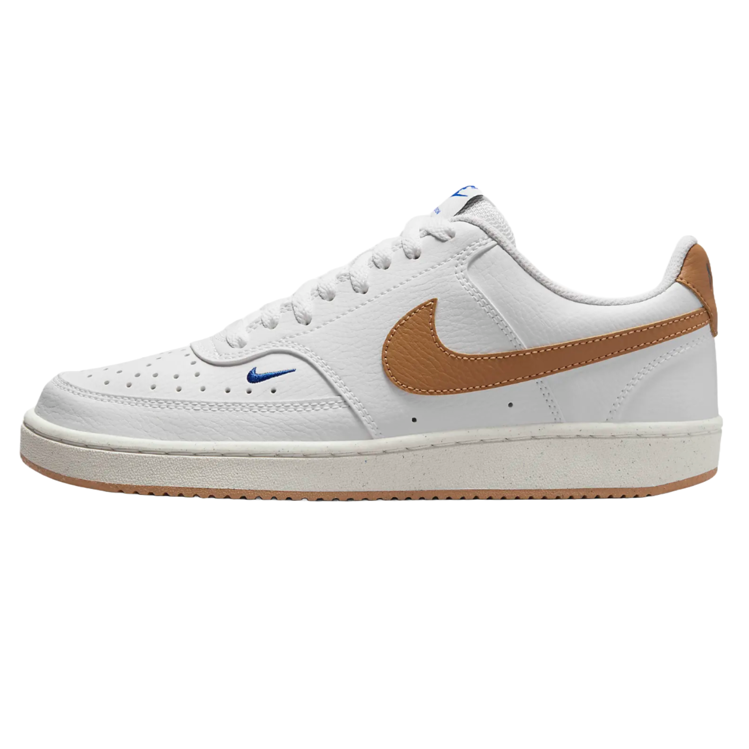 White Nike sneaker with a brown swoosh logo and speckled sole.