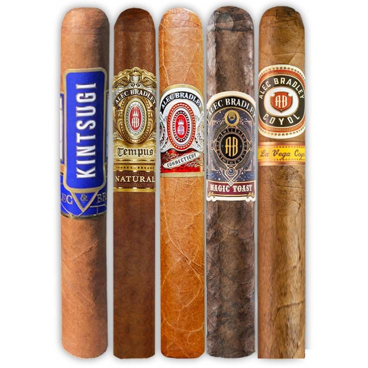 A selection of cigars featuring bands with names: Kintsugi, Tempus Natural, Connecticut, Magic Toast, and Coyol, all by Alec Bradley.
