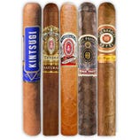 A selection of cigars featuring bands with names: Kintsugi, Tempus Natural, Connecticut, Magic Toast, and Coyol, all by Alec Bradley.