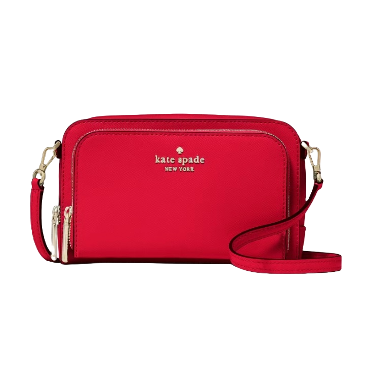 A red Kate Spade New York crossbody bag with gold hardware and a front zip pocket.