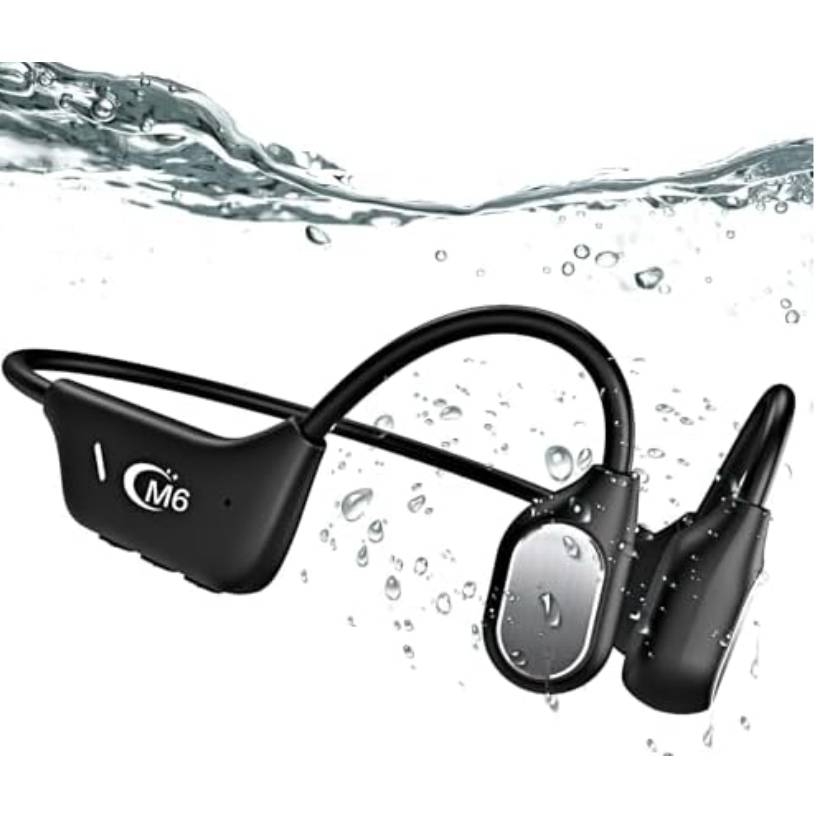 Black bone conduction headphones with a sleek design, labeled \“CM6,\“ shown underwater with water droplets, suggesting waterproof capabilities.