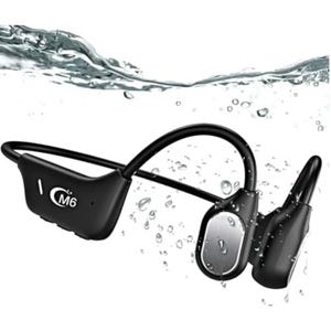 Black bone conduction headphones with a sleek design, labeled \“CM6,\“ shown underwater with water droplets, suggesting waterproof capabilities.