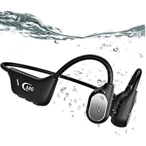 Black bone conduction headphones with a sleek design, labeled \“CM6,\“ shown underwater with water droplets, suggesting waterproof capabilities.