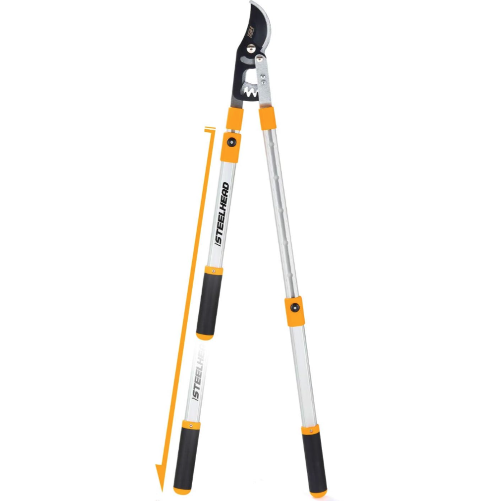 Telescopic bypass lopper with extendable aluminum handles, featuring a sharp blade for pruning and ergonomic grips for comfortable handling.