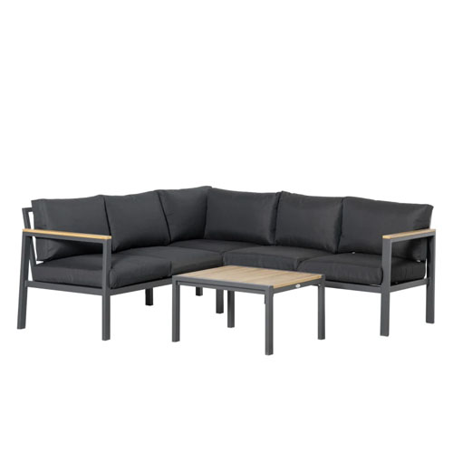 The Outsunny Metal Sectional is a black, L-shaped outdoor sofa set with a matching square table. It features metal frames and cushioned seating, providing a minimalist and modern look.