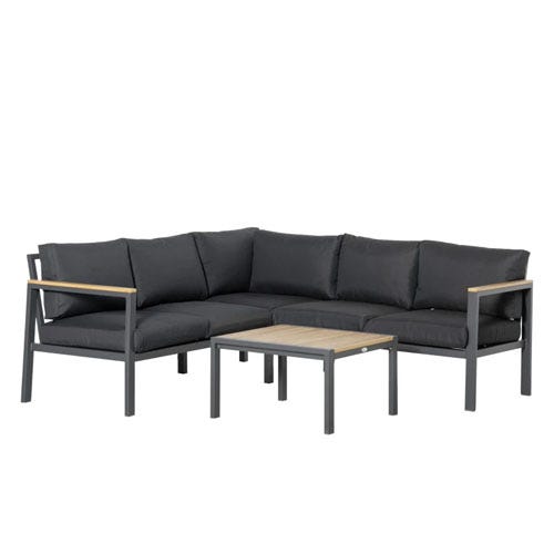 The Outsunny Metal Sectional is a black, L-shaped outdoor sofa set with a matching square table. It features metal frames and cushioned seating, providing a minimalist and modern look.