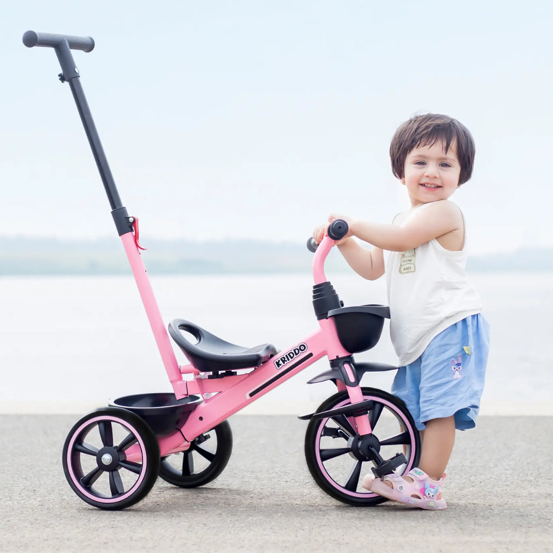 A child stands next to a pink tricycle with black wheels and a push handle.