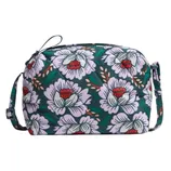 A quilted floral patterned bag with a light purple flower design, adjustable strap, and a zipper closure.