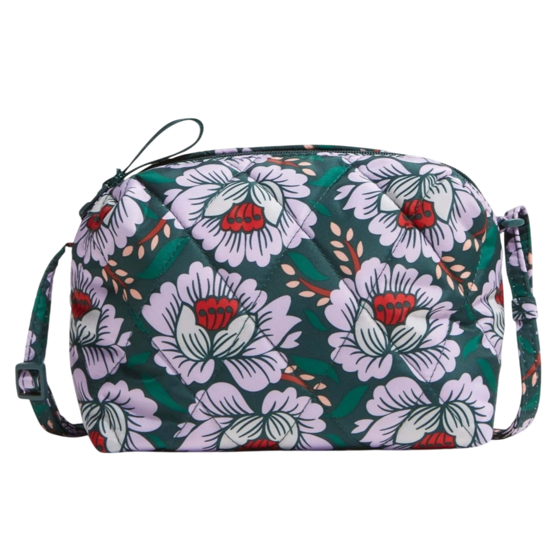 A quilted floral patterned bag with a light purple flower design, adjustable strap, and a zipper closure.