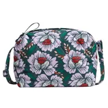 A quilted floral patterned bag with a light purple flower design, adjustable strap, and a zipper closure.