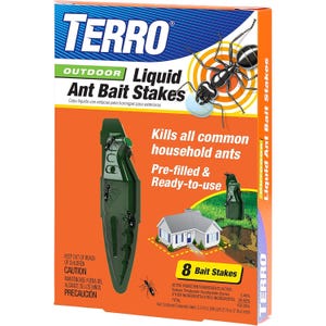 Terro Outdoor Liquid Ant Bait Stakes are pre-filled and ready-to-use, designed to kill common household ants. The package includes 8 bait stakes with a borax-based active ingredient.