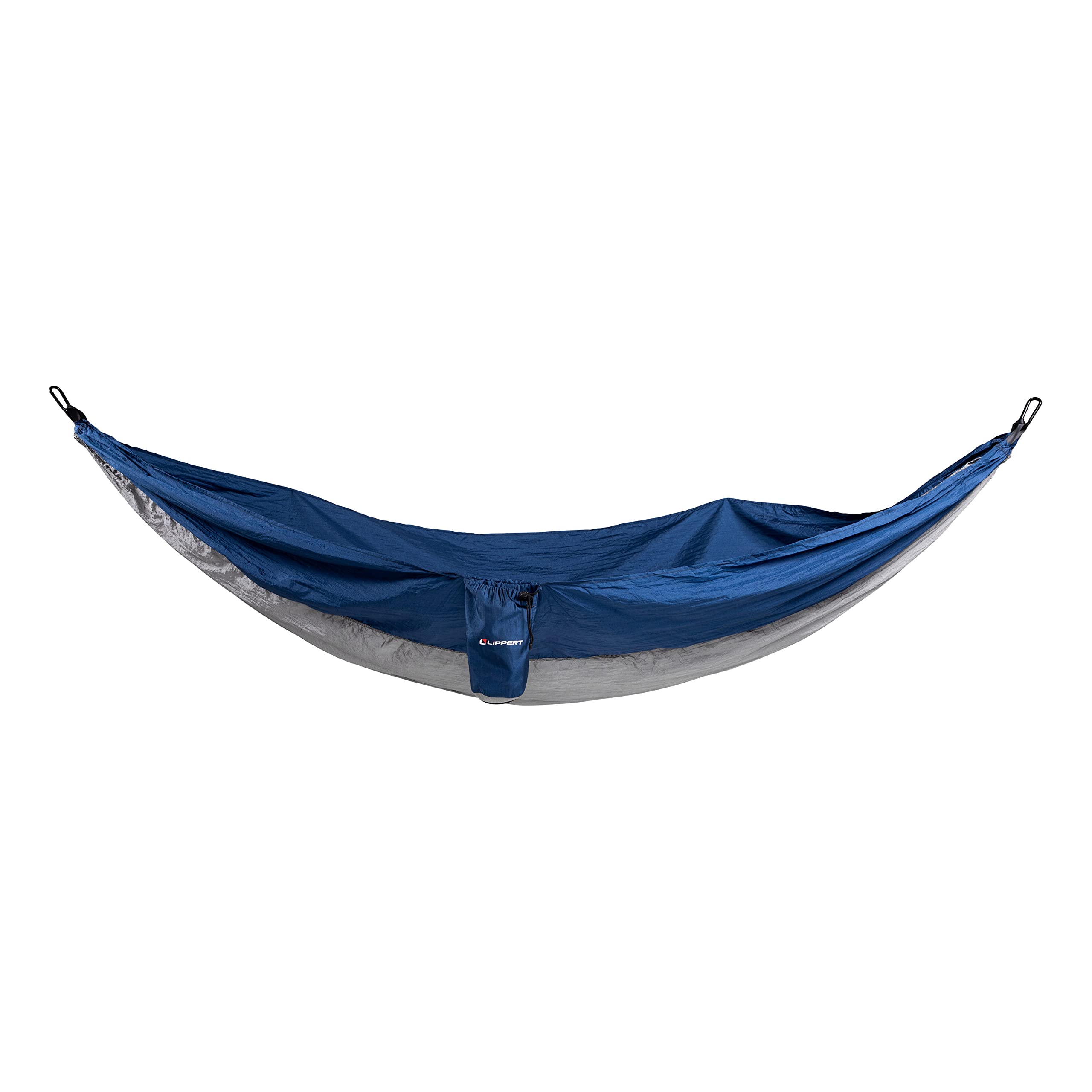 Compact blue and gray hammock with hooks on each end, featuring a small attached pocket.