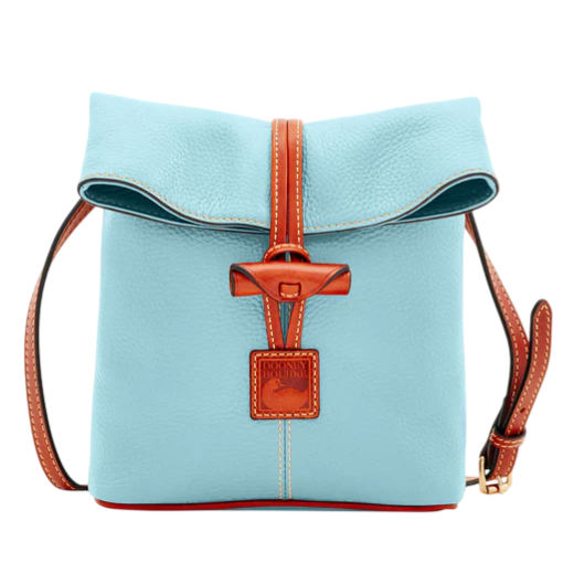 A light blue leather shoulder bag with a brown leather strap and a distinctive fold-over top secured by a brown toggle closure. It features contrast stitching and a branded tag.